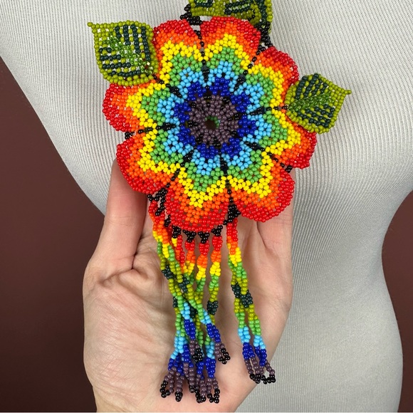 Huichol necklace Multicolor flower beaded necklace mexican style tassel - Picture 4 of 6